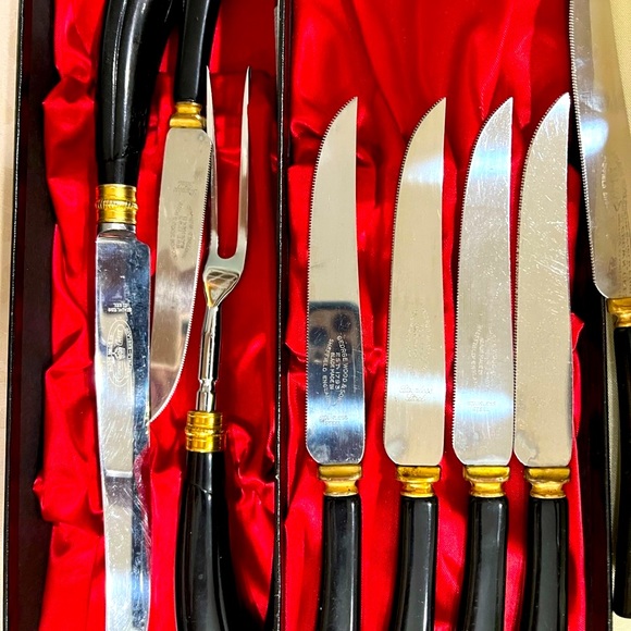 24KT GOLD Plate 3 PC Carving Set with 6 Steak Knives in Original Box ENGLAND. - Picture 10 of 13